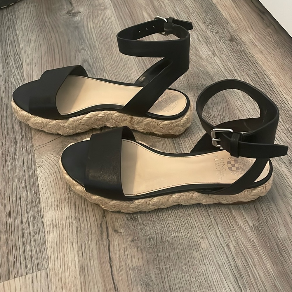 Vince Camuto Black Leather Woven Platform Espadrilles Sandal